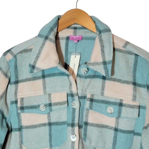 Mi ami Francesca Cropped Plaid Shacket Blue Cream Fall Winter Layering Jacket L - Picture 3 of 15